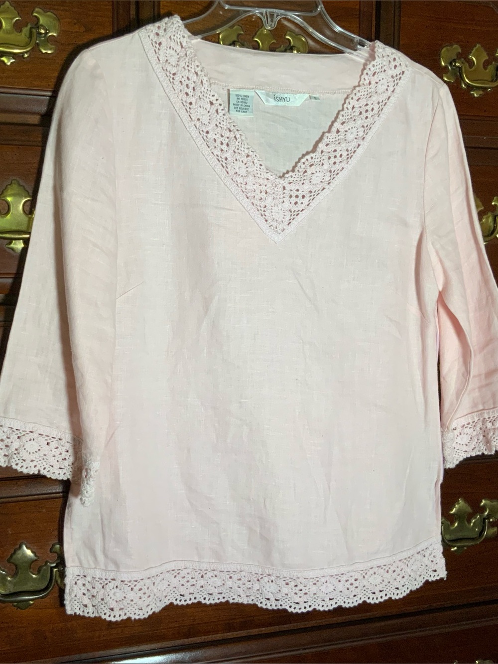 ISHYU Light Pink 100% Linen Cotton Crochet Lace V-Neck Tunic